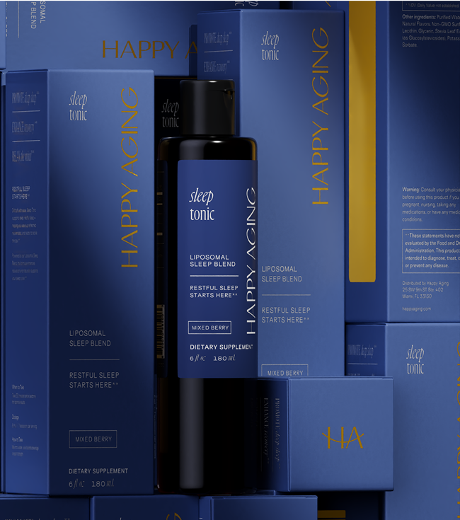 Sleep Tonic bottle in front of its cartons