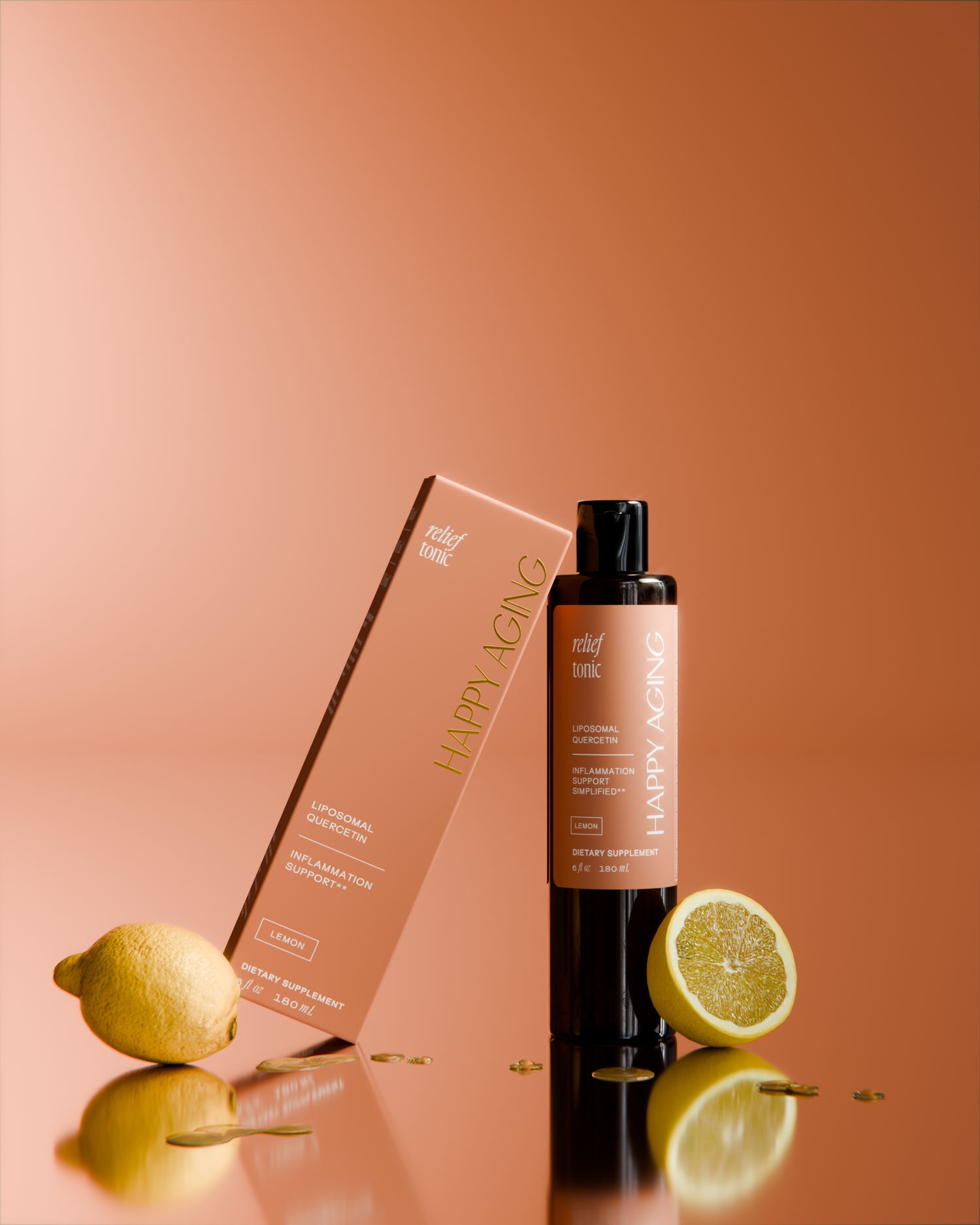 Liposomal Quercetin relief tonic bottle leaning against packaging with lemon halves on an orange background