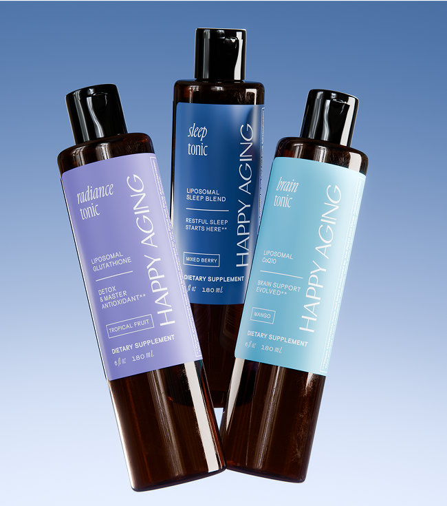 Radiance, Sleep and Brain tonic bottles on a blue backdrop